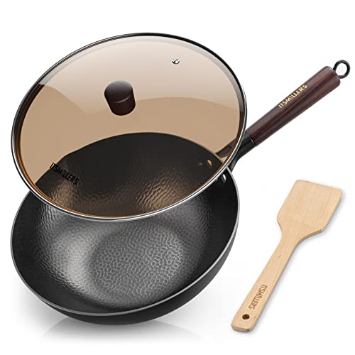 Traditional Carbon Steel 125 Inch Hand Hammered Iron Wok for Electric Induction and Gas Stoves with Lid and Spatula